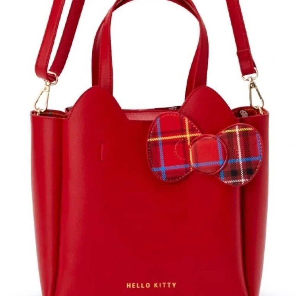 Sanrio Hello Kitty Red tote bag tartan check ribbon PU leather (rare)